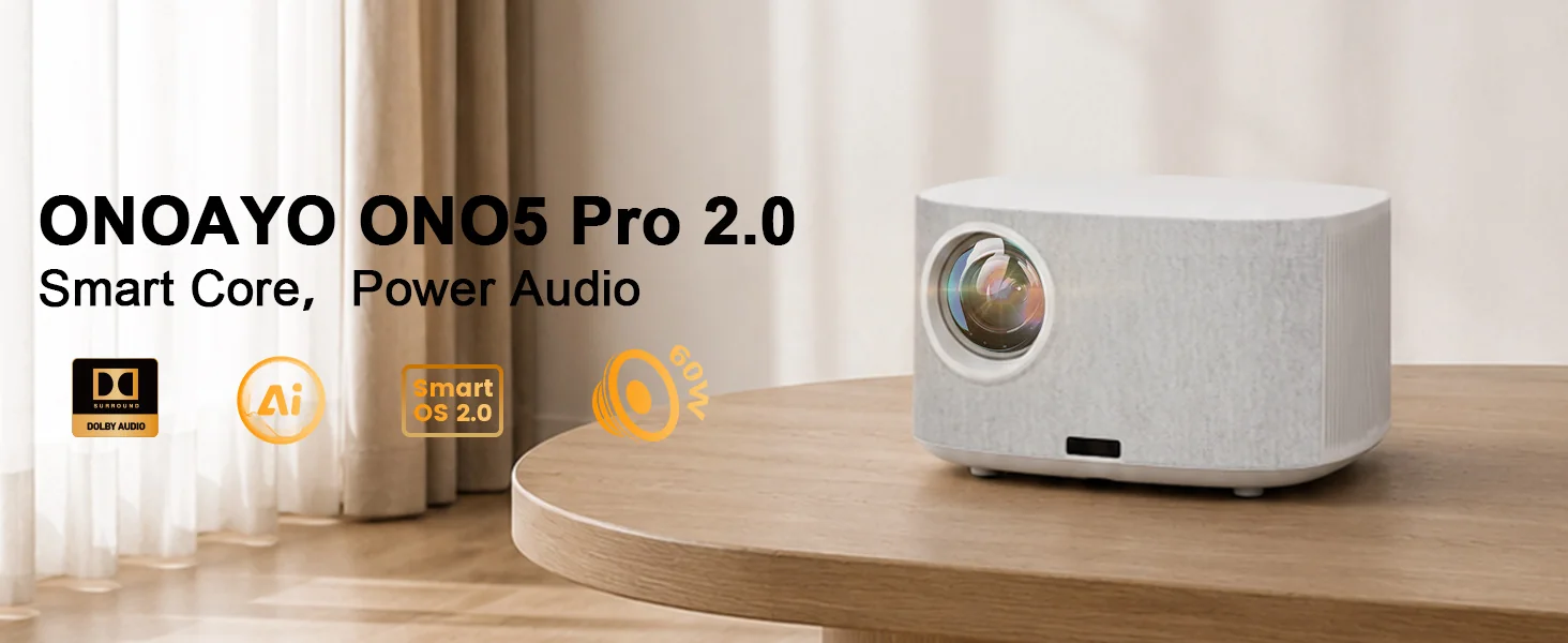 The white ONOAYO ONO5Pro-W on a wooden table, badged Dolby Audio, AI, Smart OS 2.0 and 60W