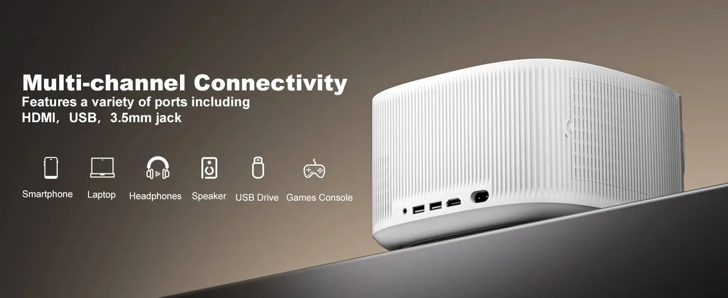 Rear panel of the white ONO5Pro-W showing its 3.5 mm, USB, HDMI and power connections, beside icons for a phone, laptop, headphones, speaker, USB drive and games console