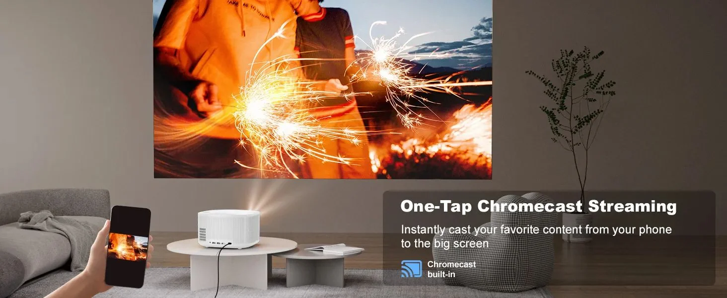 A hand holding a phone that is casting to the white ONO5Pro-W with one tap, filling the wall with a sparkler scene, labelled Chromecast built-in