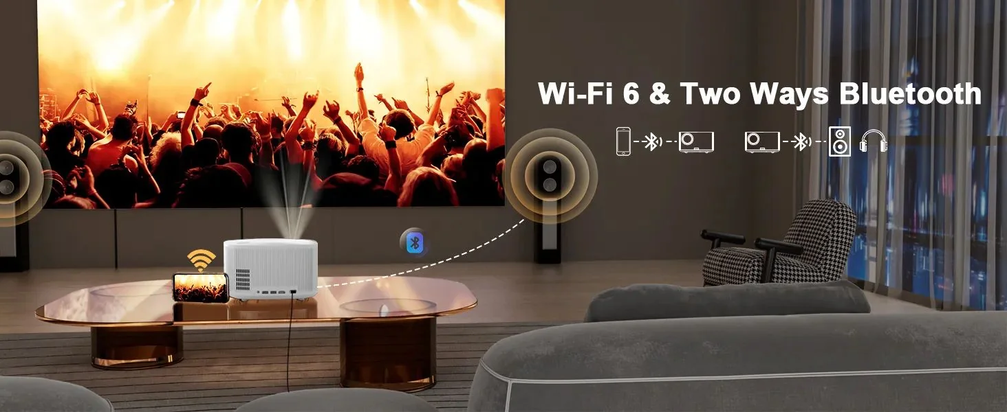 The white ONO5Pro-W on a living-room table casting a concert from a phone over Wi-Fi 6, with two-way Bluetooth diagrams sending the sound on to a speaker and headphones