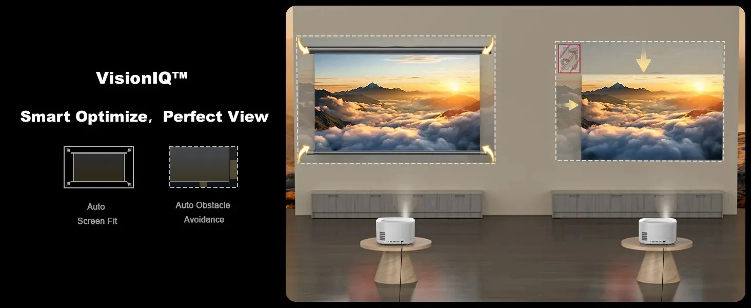 Two ONO5Pro-W units side by side: one snapping its picture to a roll-down screen, the other stepping around an obstacle on the wall
